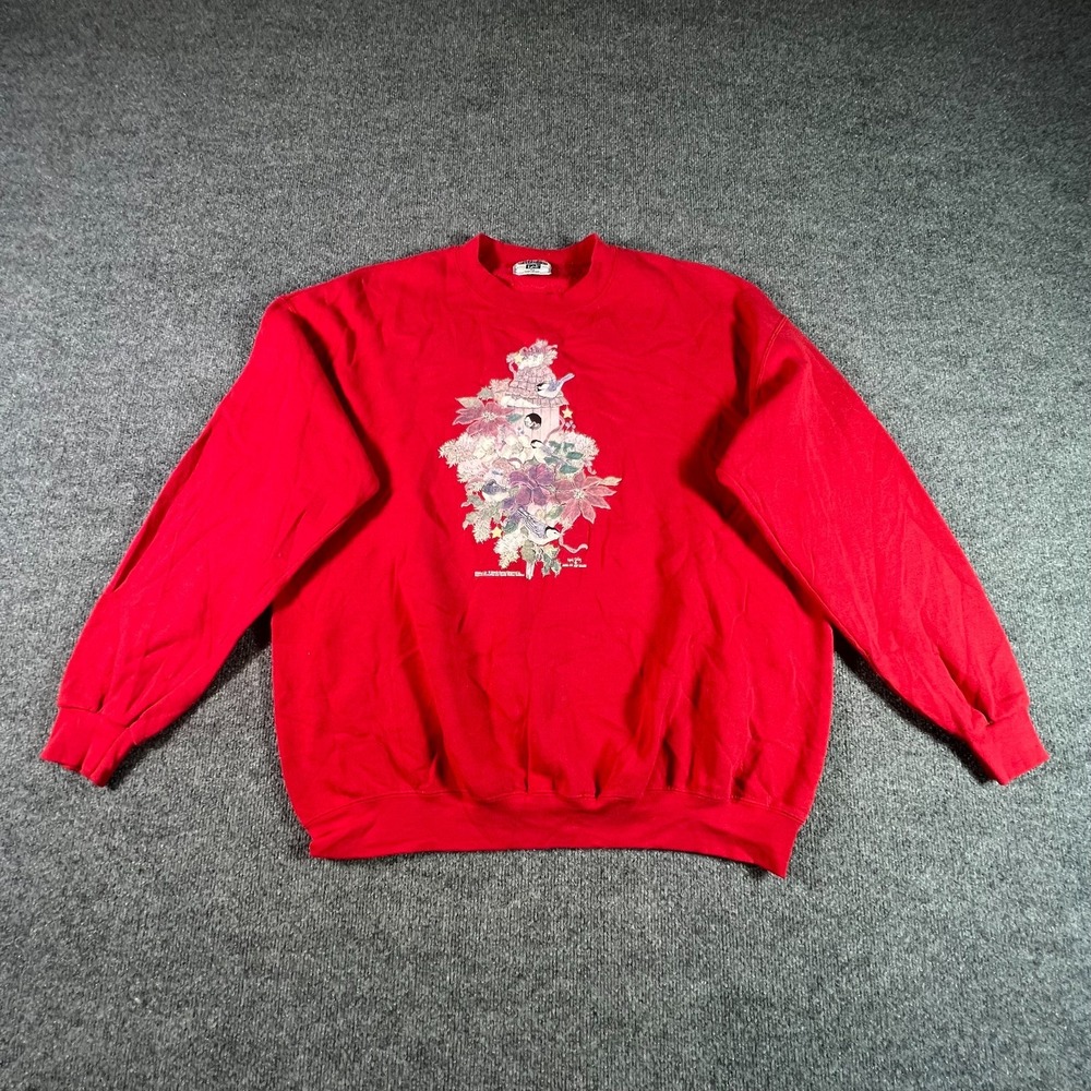 Vintage Lee Sweatshirt Womens XL Red Floral Birdhouse Graphic Fleece USA Made